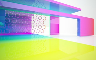 Abstract dynamic interior with gradient colored objects. 3D illustration and rendering