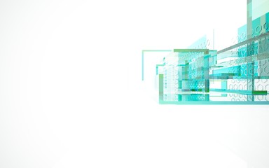abstract architectural interior with bluet geometric glass sculpture. 3D illustration and rendering