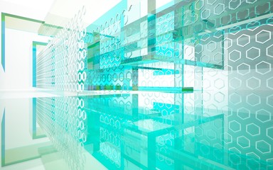 abstract architectural interior with bluet geometric glass sculpture. 3D illustration and rendering