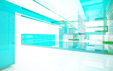 Fototapeta premium abstract architectural interior with bluet geometric glass sculpture. 3D illustration and rendering