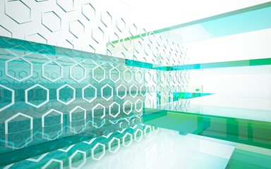 abstract architectural interior with bluet geometric glass sculpture. 3D illustration and rendering