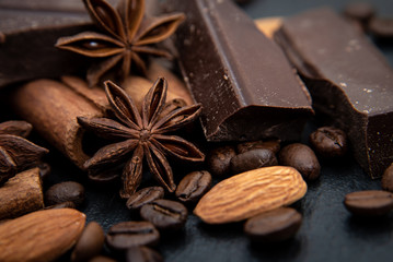 Spicy background. Cinnamon quills, chocolate, coffee beans and star anise