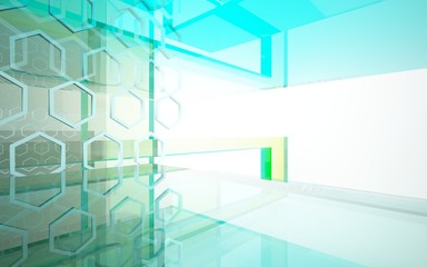 Fototapeta premium abstract architectural interior with bluet geometric glass sculpture. 3D illustration and rendering