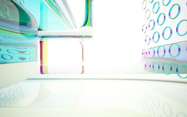 abstract architectural interior with colored smooth glass sculpture. 3D illustration and rendering