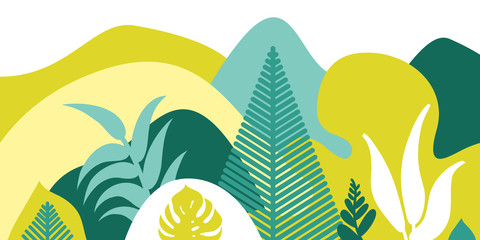 Obraz premium Górski pagórkowaty krajobraz z tropikalnymi roślinami i drzewami, palmami, sukulentami. Azjatycki krajobraz w ciepłych, pastelowych kolorach. Styl skandynawski. Ochrona środowiska, ekologia.