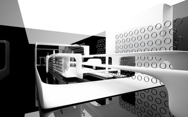 Abstract dynamic interior with white smooth objects and black room . 3D illustration and rendering