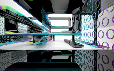 Abstract dynamic white interior with black and gradient colored smooth objects. 3D illustration and rendering