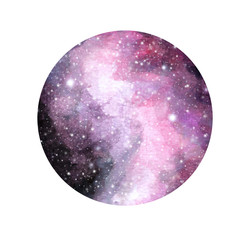 Hand drawn stylized grunge galaxy or night sky with stars. Watercolor space background. Cosmos illustration in circle. Brush and drops.