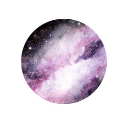 Hand drawn stylized grunge galaxy or night sky with stars. Watercolor space background. Cosmos illustration in circle. Brush and drops.