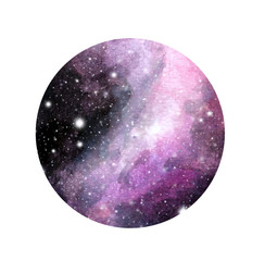 Hand drawn stylized grunge galaxy or night sky with stars. Watercolor space background. Cosmos illustration in circle. Brush and drops.