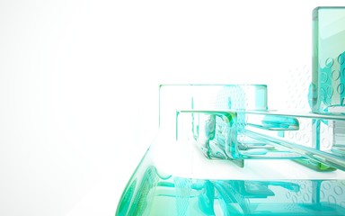 abstract architectural interior with blue smooth glass sculpture. 3D illustration and rendering