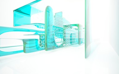 abstract architectural interior with blue smooth glass sculpture. 3D illustration and rendering