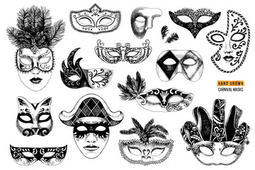 Hand drawn venetian carnival masks collection