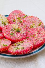 Indian Traditional Bengali Sweet Food Chena Toast Also Called Chhena Sweets, Bangla Sweet or Bengali Dessert Made From Fried Toast Dipped in Sugar Syrup and Sometimes Topped with Dry Fruits