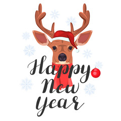 Happy New Year. Lettering with cute deer