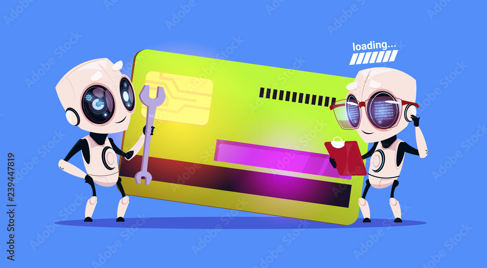 Poster modern robots standing over credit card reading documents and holding spanner robotic technology pay