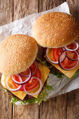 organic vegetarian burger with mushrooms patty, vegetables and cheddar cheese close-up. Vertical...