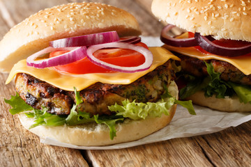 veggie sandwich with mushroom patty, vegetables and cheddar cheese close-up. horizontal