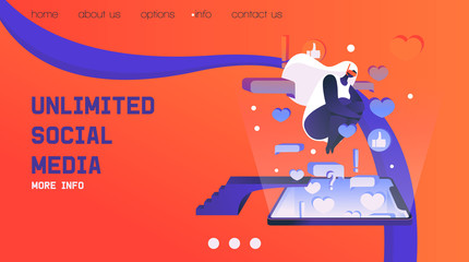 Young woman jumping in unlimited mobile social media communication. Screen of smartphone with hearts, likes and messages, girl in diver mask and with swimsuit