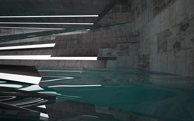 Empty dark abstract concrete room smooth interior with blue water. Architectural background. Night view of the illuminated. 3D illustration and rendering