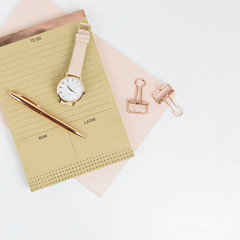 stationary with watch in white background