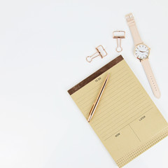 stationary with watch in white background