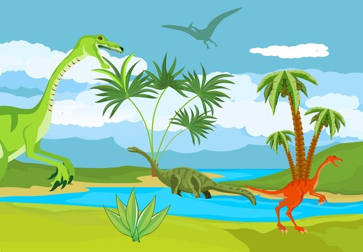 Dinosaurs world, prehistoric landscape scene vector