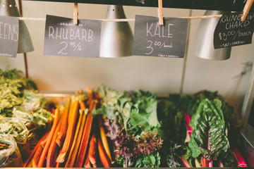 Organic Fruit and vegetables for sale at a farmer's market.