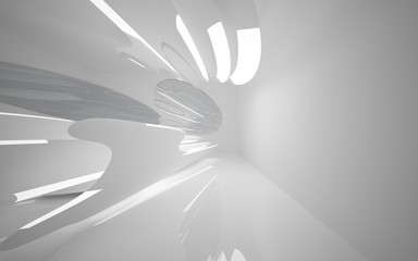 Abstract smooth white interior of the future. Night view from the backlight. Architectural background. 3D illustration and rendering 