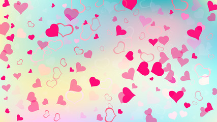 Red hearts of confetti are flying. A sample of wallpaper design, textiles, packaging, printing, holiday invitation for wedding. Light background. Red on Ggradient background Vector.