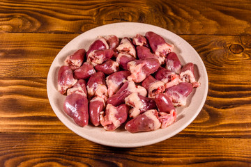 Ceramic plate with raw chicken hearts on wooden table