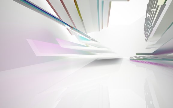 abstract architectural interior with white sculpture and geometric gradient glass lines. 3D illustration and rendering