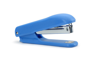 Blue office stapler isolated on a white background - obrazy, fototapety, plakaty