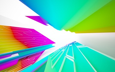 Abstract dynamic interior with gradient colored objects. 3D illustration and rendering