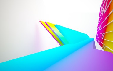 Abstract dynamic interior with gradient colored objects. 3D illustration and rendering