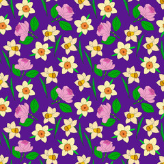 Raster seamless pattern with yellow spring daffodils and pink roses on dark violet field.