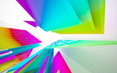 Abstract dynamic interior with gradient colored objects. 3D illustration and rendering