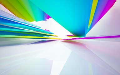 Abstract dynamic interior with gradient colored objects. 3D illustration and rendering