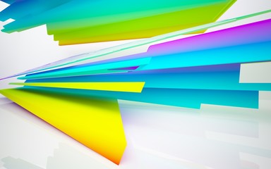 Abstract dynamic interior with gradient colored objects. 3D illustration and rendering