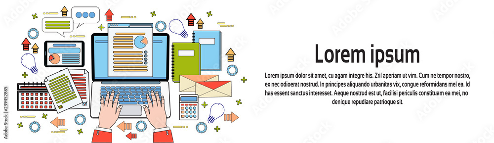 Poster business man hands working on laptop computer workplace top angle view horizontal banner with copy s