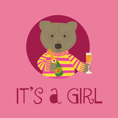 It is a girl vector Illustration with bear holding champagne bottle and flute. Invitation for baby party celebration. Meet the newborn. Animal illustration. Fun Design for invitation card. Pink.