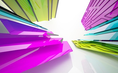 Abstract dynamic interior with gradient colored objects. 3D illustration and rendering