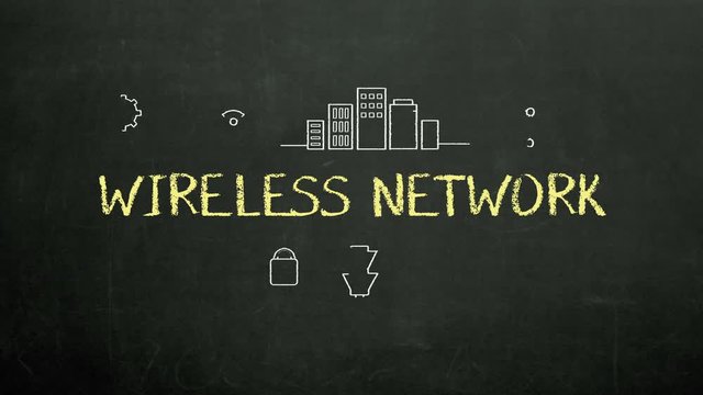 Chalk drawing of 'WIRELESS NETWORK' and various connected smart city icon 4k animation.