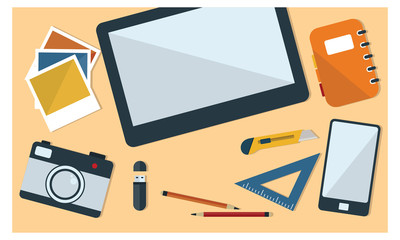 Illustration of Office Workspace Table Computer Business Flat Design Top View