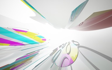 White smooth abstract architectural background whith colored gradient lines . 3D illustration and rendering