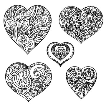 Set paattern in form of heart for Henna, Mehndi, tattoo, decoration. Decorative ornament in ethnic oriental style, Indian style. Coloring book page.