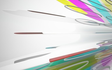 White smooth abstract architectural background whith colored gradient lines . 3D illustration and rendering