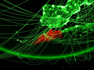 Morocco on green model of planet Earth with network representing green age, travel and communication.