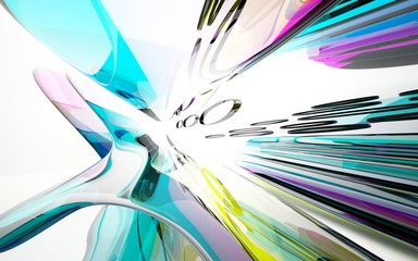 abstract architectural interior with colored smooth glass sculpture. 3D illustration and rendering