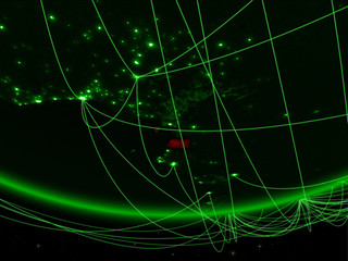 Equatorial Guinea on green model of planet Earth with network representing green age, travel and communication.